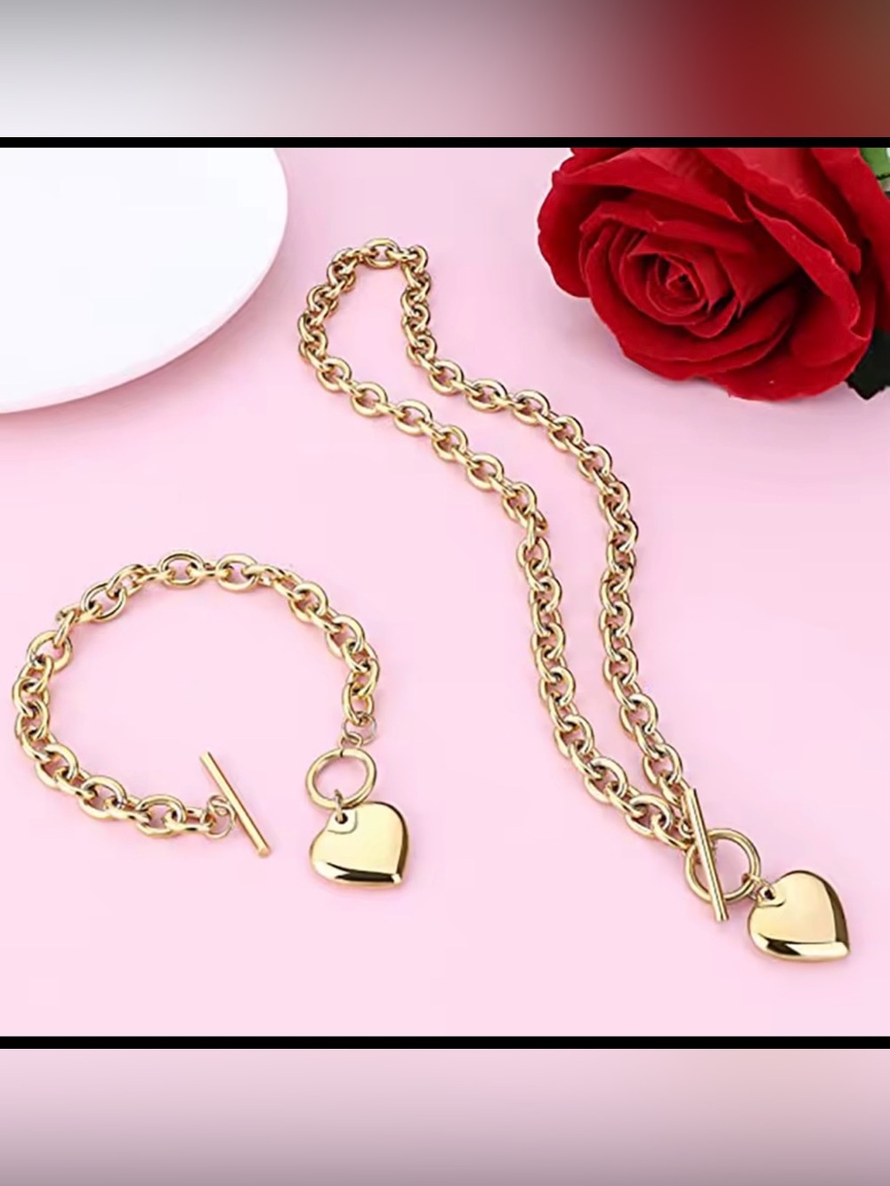 18K Gold Plated Stainless Steel Heart Necklace & Bracelet Set”